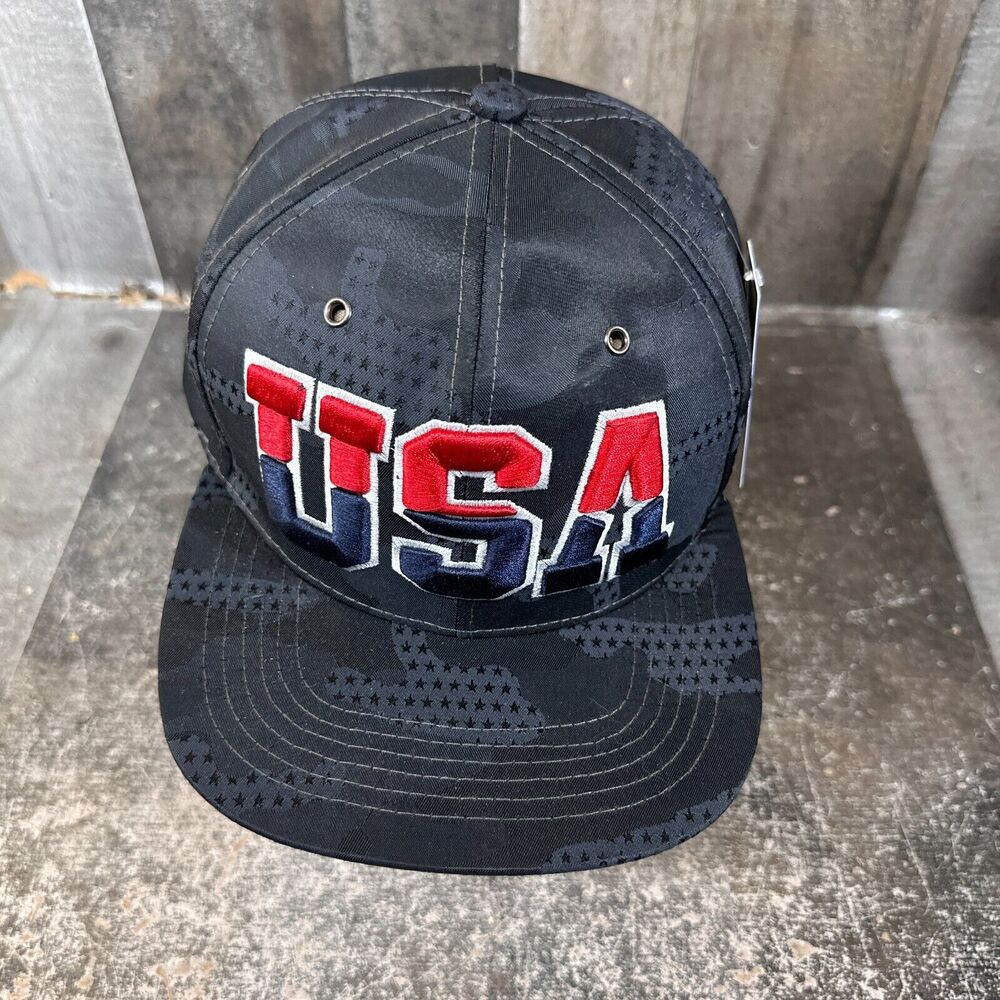 USA Camo Nylon Embroidered Hat‎ NWT Snapback Patriotic Red White Blue